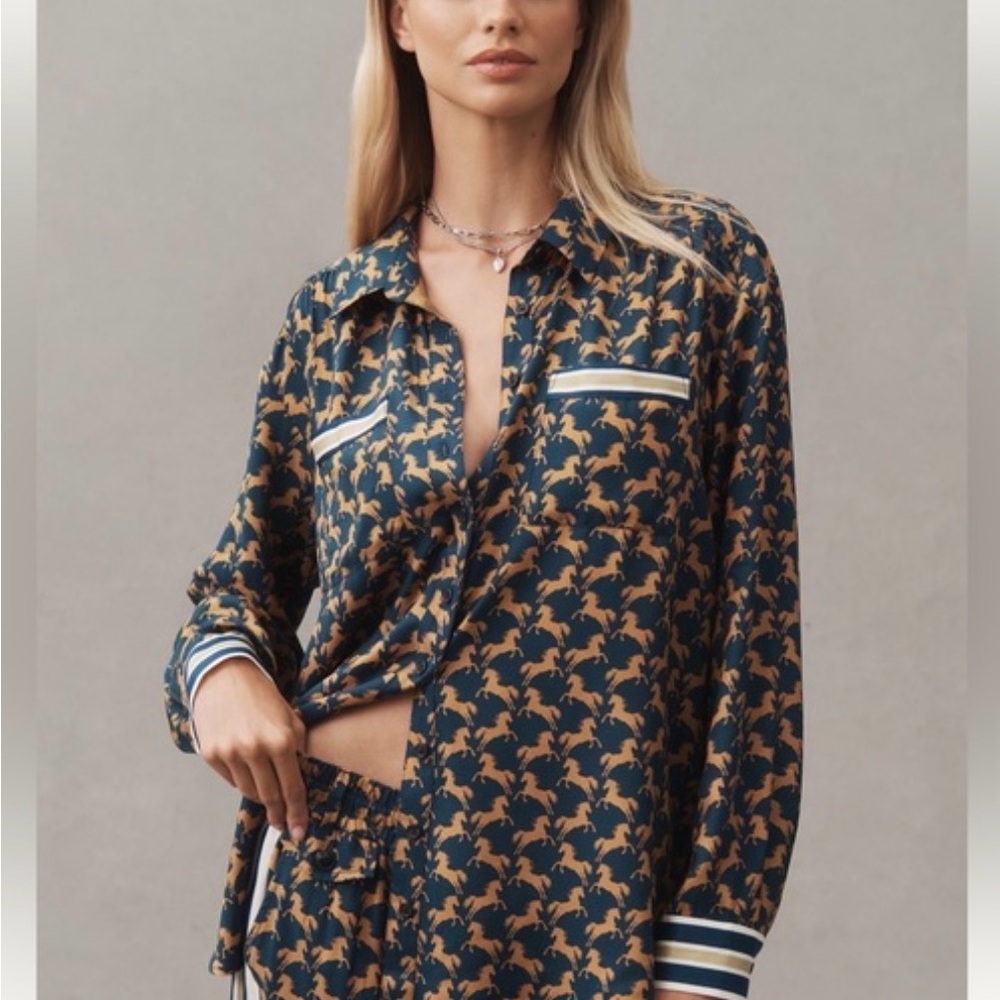 Maeve Navy and Gold Horse Print Blouse